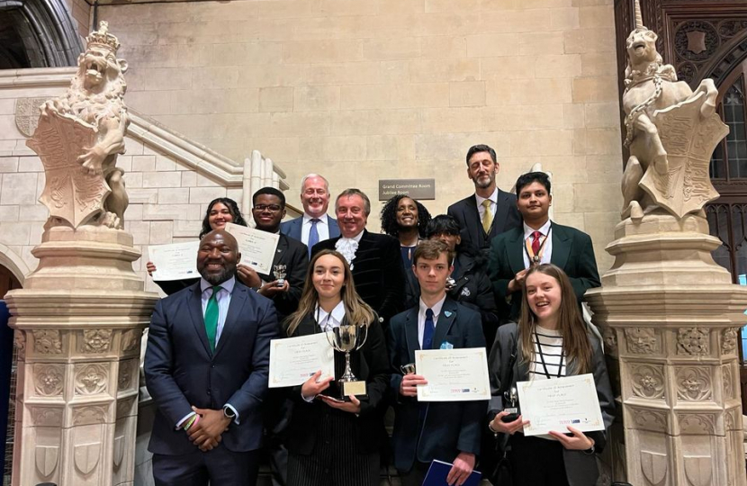 Richard with the finalists and judges at the final of the Bedfordshire schools debating competition in Parliament